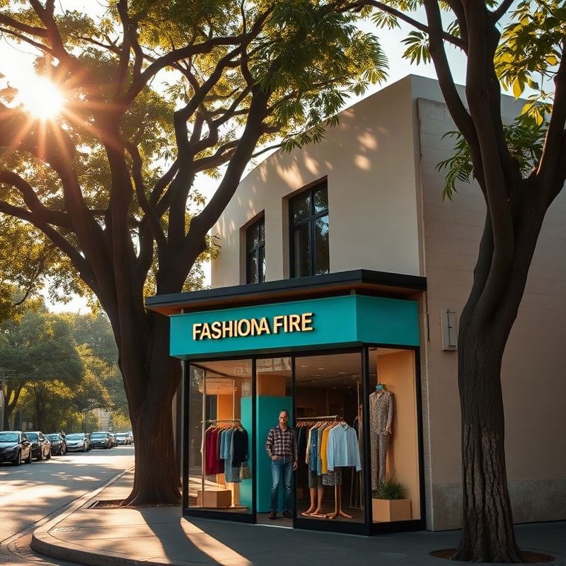 Fachada de boutique de bairro em rua arborizada de Porto Alegre com luz dourada da manhã