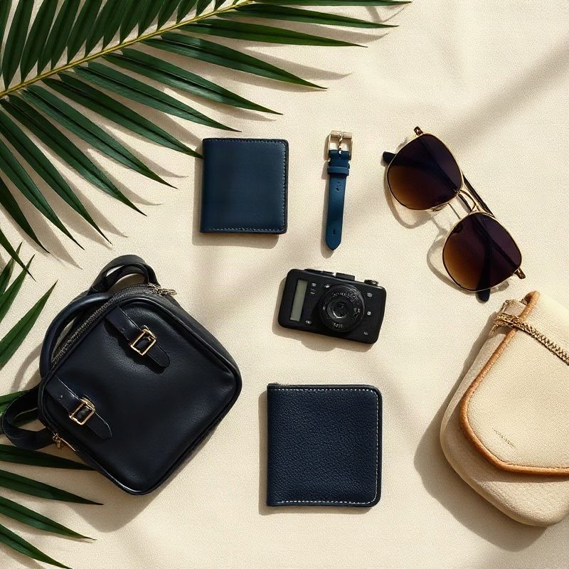Flat lay de cinto de couro azul-marinho, carteira compacta e bolsa em lona sobre linho creme