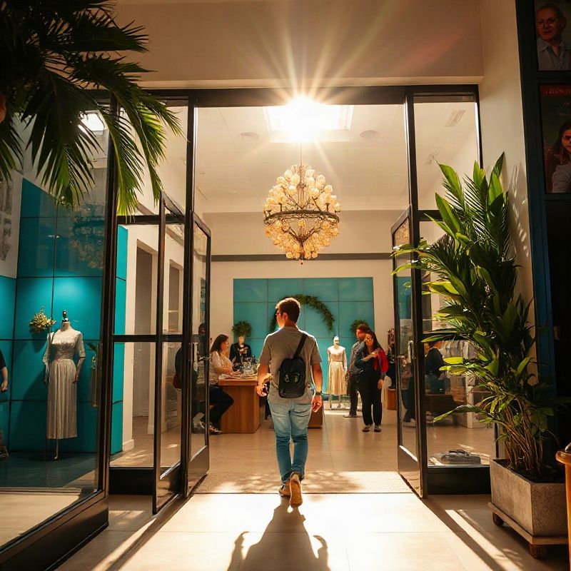 Pessoa entrando pela porta da boutique em manhã ensolarada de Porto Alegre