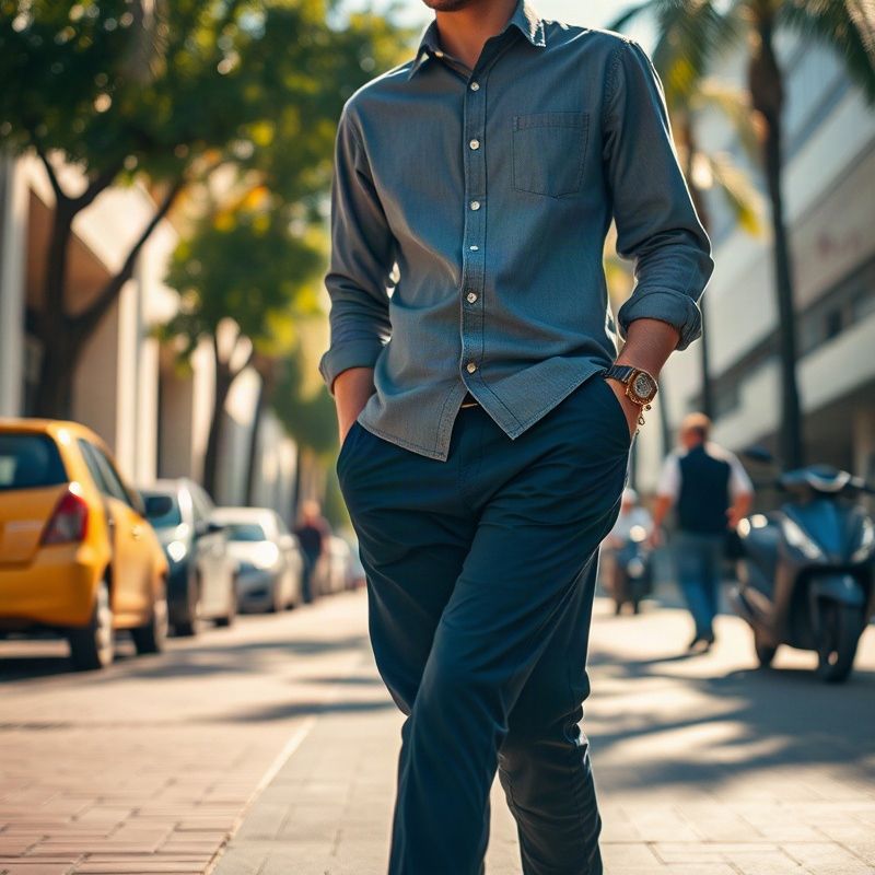 Pessoa usando chino azul-marinho e camisa estruturada em rua de Porto Alegre