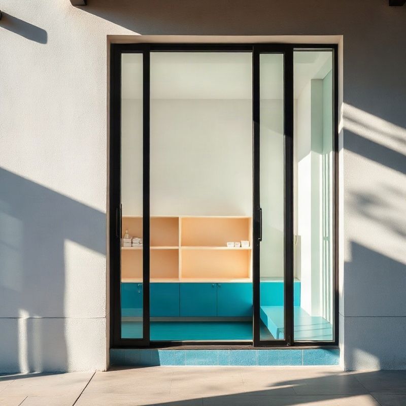 Vitrine da Runraiment com interior azul visto através do vidro