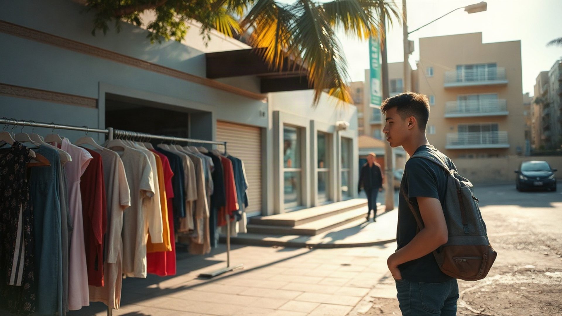 Cliente explorando uma arara de roupas em rua arborizada de Porto Alegre