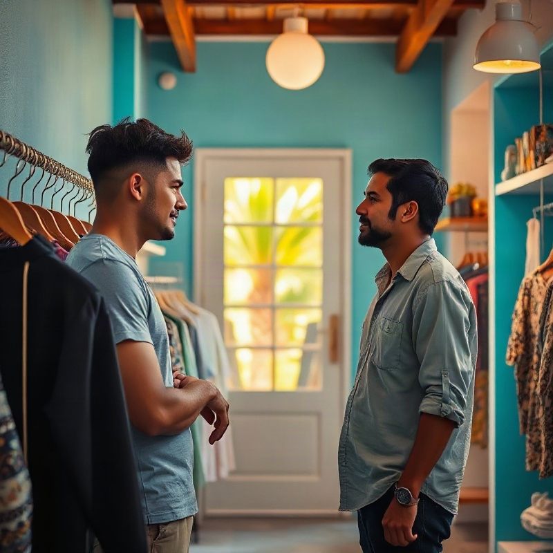 Duas pessoas em conversa dentro de boutique, uma apontando para uma peça na arara